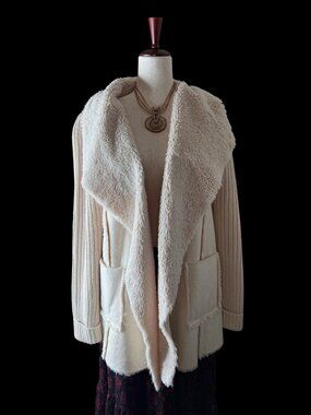 Cliché Cream  Cable Knit Open Cardigan  Coatigan Wool Blend  Shearling Collar Lg
